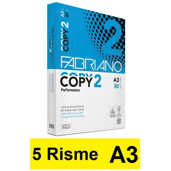 Carta A3 Fabriano Copy 2 per fotocopie (80 gr) - 5 risme da 500 fogli