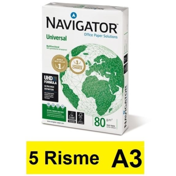 Carta A3 Navigator Universal per fotocopie (80 gr) - 5 risme da